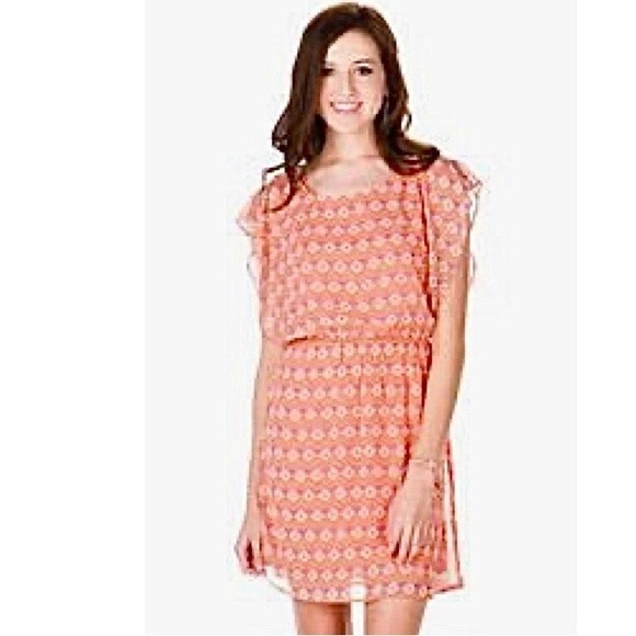 Francesca’s buttons peach geometric print chiffon dress size medium - Picture 1 of 7